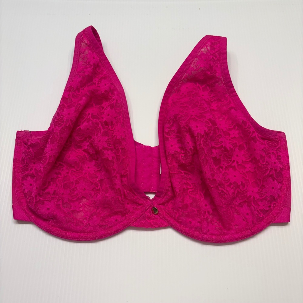 Cacique High Apex Plunge Bra Womens 40H Hot Pink Floral Lace Underwire Lingerie